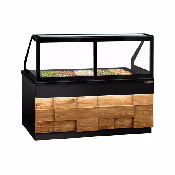 Mesa saladette refrigerada TORONTO - 2000mm - 1200L - frontal de madera - 3 puertas macizas - con vitrina de cristal para 5x GN 1/1 & 1 estante - encimera de granito negro