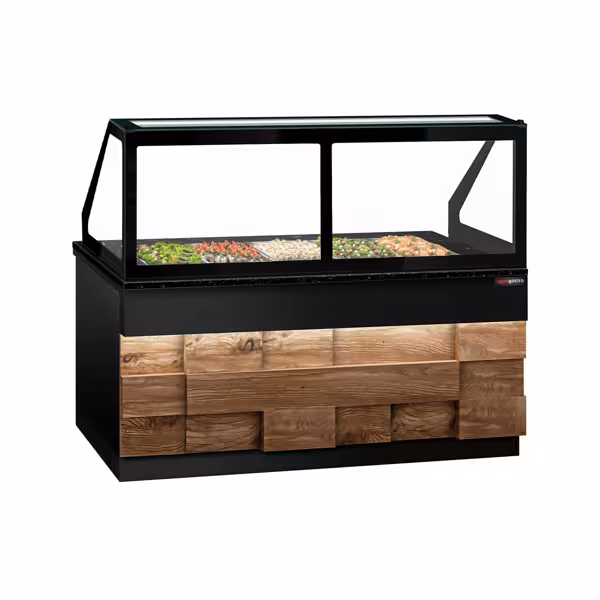 Commercial Saladette Counter TORONTO - 2000mm - 1200L - Wood Front - 3 doors - with square glass canopy for 5 x GN 1/1 & 1 shelf - black granite worktop