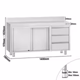 Tavolo armadiato in acciaio inox ECO - 1400x700mm - con 2 porte scorrevoli + 3 cassetti a destra - con alzatina