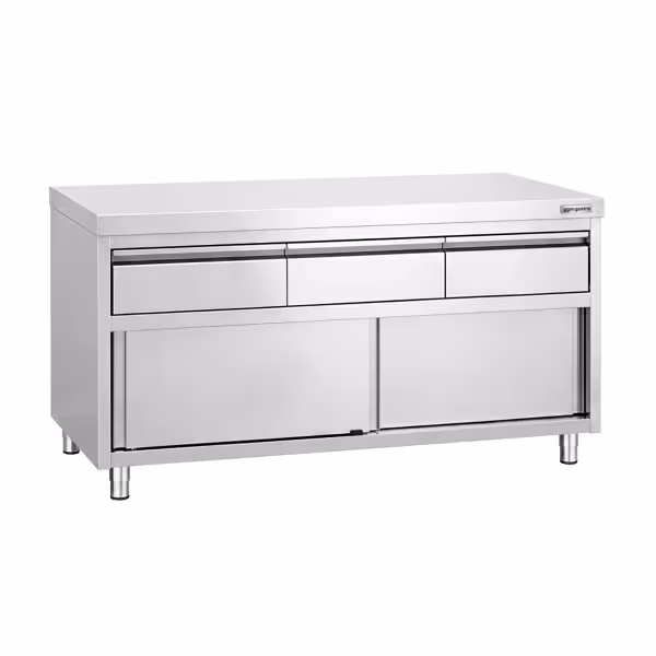 Armoire de travail en acier inoxydable PREMIUM - 1 600 x 600 mm - avec 3 tiroirs et une porte coulissante