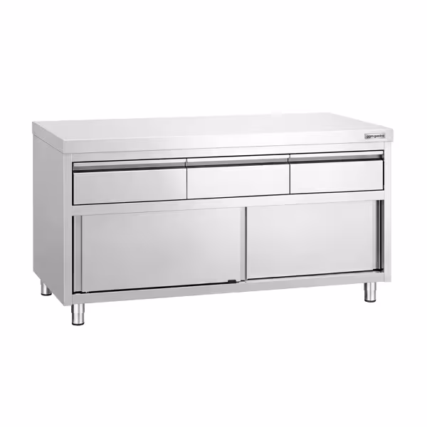 Dulap de lucru din oțel inoxidabil PREMIUM – 1600 x 600 mm – cu 3 sertare și ușă glisantă