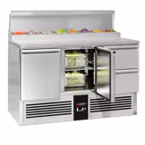 Masă de preparare Mini PREMIUM - 1368 mm - 2 uși și 2 sertare - pentru 8 tăvi GN 1/6
