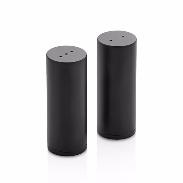 Salt and Pepper Cruet Set and Stand - 3-piece - salt & pepper; toothpicks - Stainless steel stand - Height: 200mm - Glass & Stainless steel - Black