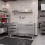 Arbetsskåp i rostfritt stål PREMIUM - 1400x700 mm - med 2 skjutdörrar, 3 lådor höger