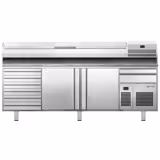 Table réfrigérée à pizza Premium PLUS - 2305 x 800 mm - avec 2 portes & 7 tiroirs - incl. vitrine réfrigérée de présentation - 10x GN 1/3