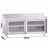 Szafka robocza ze stali nierdzewnej PREMIUM - 1800x700mm - z szklanymi drzwiami suwanymi, półką pośrednią, z rantem