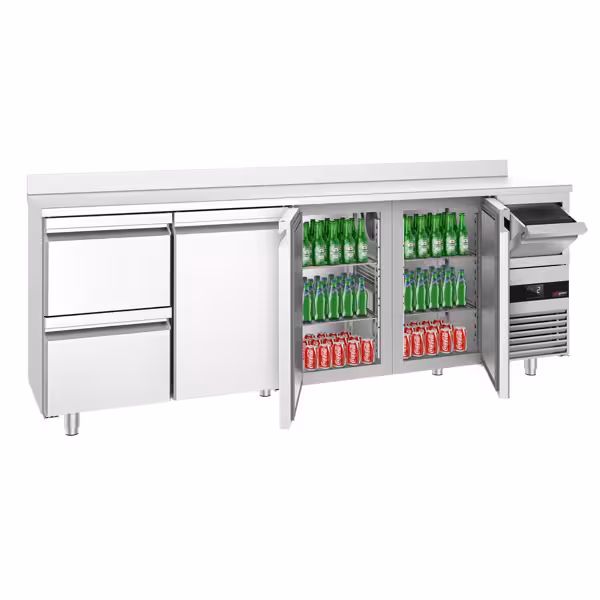 Barkoelkast PREMIUM - 2690x600mm - et 3 deuren & 2 laden, spatrand, uitklopper voor koffie