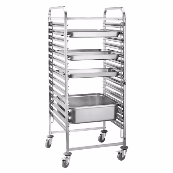 Stainless Steel Gastronorm Racking Trolley - 16-Level - for 16 x GN 1/1 Trays - with low-noise braked castors