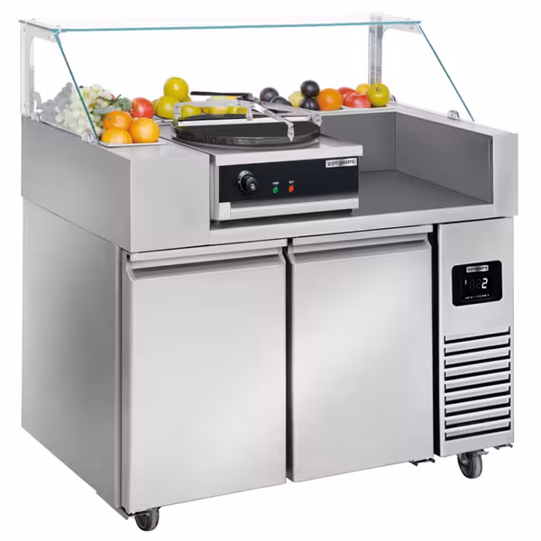 Banco preparazione refrigerato - 1210 mm - 2 porte - per 9x contenitori GN 1/6 - incl. crepiera e rastrello per pastella per crepes