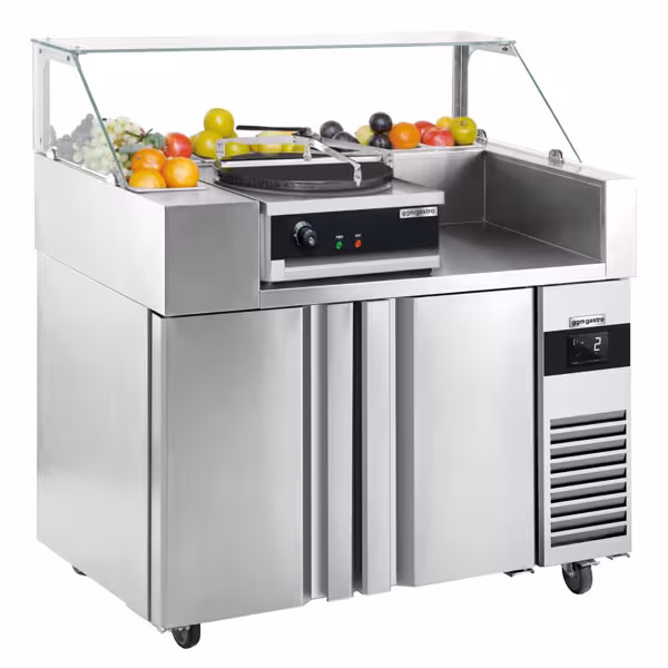 Saladette refrigerada - 1210x700mm - com 2 portas - para 9x GN 1/6 - incl. vitrina de ingredientes em vidro / máquina de crepes / distribuidor de massa / espátula de madeira