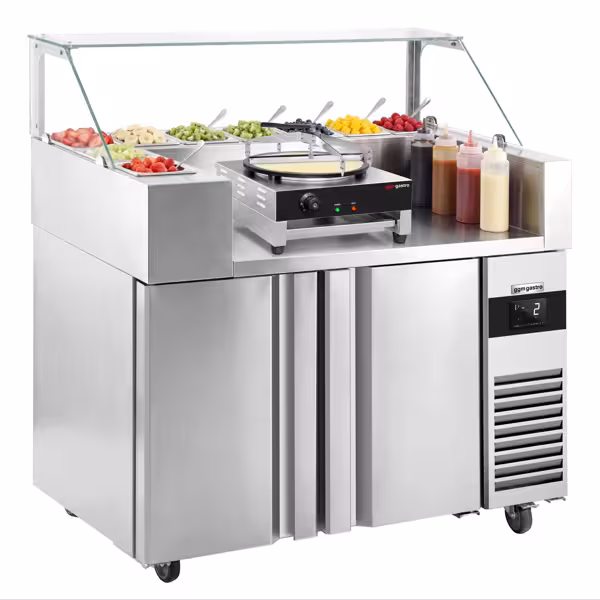 Saladette Kompakt - 1210x700 mm - glasöverdel - 2 dörrar - för 9x GN 1/6 - inkl. Crêpes‑apparat & degfördelare