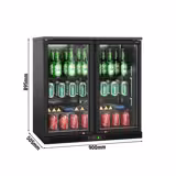Bárhűtőasztal - 0,9 m - 220 liter - 2 üvegajtóval és 2 polccal - Külső és belső fekete színű
