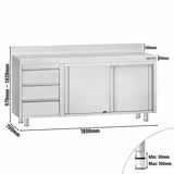 Tavolo armadiato in acciaio inox ECO - 1800x700mm - con 3 cassetti a sinistra e alzatina