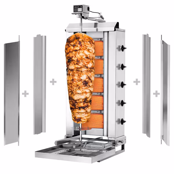 Gas Doner Kebab Grill (Shawarma/Gyros) - 5 Burner - up to 80kg - 16.25kW - Countertop - incl. 2 splash guards & 2 double doors