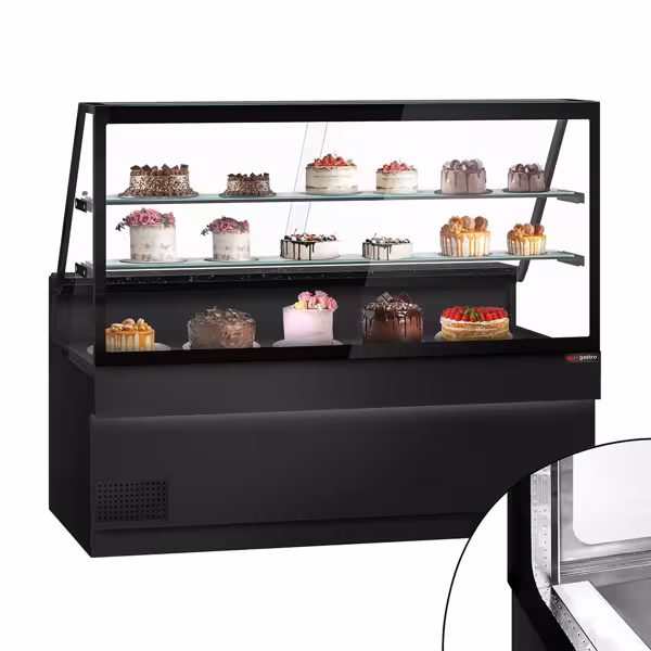 Banco gastronomia professionale TORONTO - 2000x880mm - Ventilata - Colore nero opaco - Doppi vetri - con 2 ripiani - piano di lavoro in granito