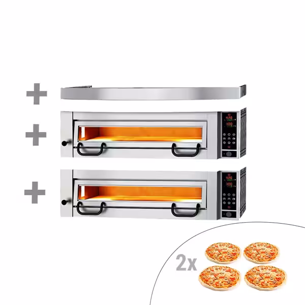 Elektrische pizzaoven (chamotte bakvloer) - 1130x1010x932mm - 2 kamers - 2x4 pizza’s Ø34cm - tot 450°C - Touch - incl. rvs afzuigkap