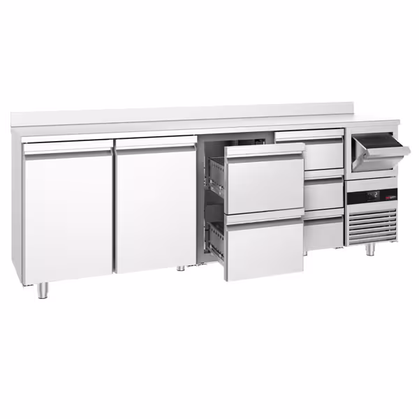 Mesa frigorífica para bar e bebidas PREMIUM - 2690x600mm - 775 L - com 2 portas de batente em inox, 5 gavetas, alçado traseiro e batente para borras