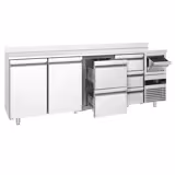 Arrière-bar réfrigéré professionnel PREMIUM - 2690 x 600 mm - avec 2 portes et 5 tiroirs - avec dosseret - avec tiroir à marc de café