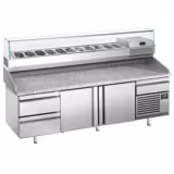 Commercial Pizza Prep Counter - Granite Top PREMIUM PLUS - 3305x800mm - with 3 doors & 3 drawers - incl. refrigerated topping unit with glass sneeze guard - 11x GN 1/4