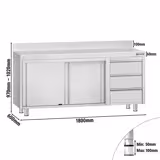 Acero inoxidable Mesa mural ECO - 1800x600mm - con 3 cajones derecha & con peto - con puertas correderas
