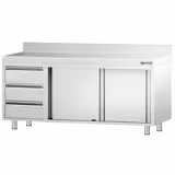 Kuhinjski radni pult od nehrđajućeg čelika PREMIUM - 2000x600 mm - Sa 3 ladice na lijevoj strani & poleđinom 