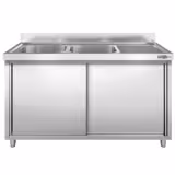 Dřezová skříňka PREMIUM - nerezová ocel - 1400x700 mm - posuvné dveře - s odkapávací plochou vpravo - s 2 dřezy vlevo