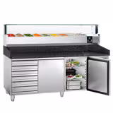 Table réfrigérée à pizza PREMIUM - 2000x800 mm - avec 2 portes & 7 tiroirs - incl. vitrine réfrigérée LED - 9x GN 1/3