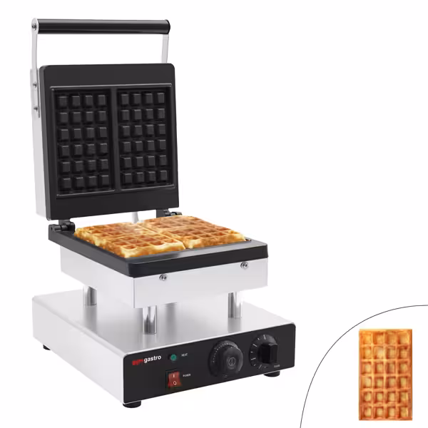 Wafelijzer - Enkel - Handmatige temperatuurregeling - 2kW - Vorm: Brusselse wafel 4x6 - bakplaten met antiaanbaklaag (Teflon)