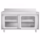 Szafka robocza ze stali nierdzewnej PREMIUM - 1400x700mm - z szklanymi drzwiami przesuwnymi i podniesioną krawędzią