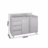 Diskbänk med underskåp - rostfritt stål - 1200x600 mm - 3 lådor - med 1 ho - höger