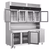 Soğuk Teşhir Dolabı - 1800x700mm - Üstte 4 cam kapı, altta 4 kapı - çift cam - LED aydınlatma; 2 dijital termostat; 2 ayrı kompresör; statik soğutma - çalışma yüzeyli