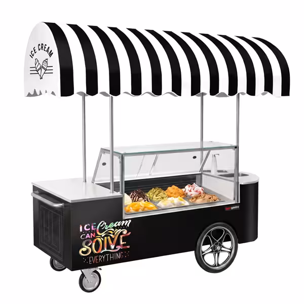 Carrettino dei Gelati - 2146mm - Refrigerazione statica - con Lavello - per 9x Vasca da gelato da 5 Litri - Sbrinamento automatico