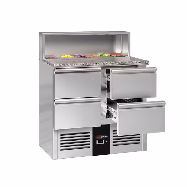 Saladette PREMIUM hűtött előkészítőasztal – 903 mm – 4 fiókkal – rozsdamentes acél fedőlappal, 5 db GN 1/6 edényhez