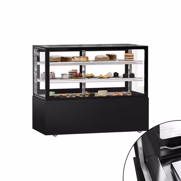 Vetrina pasticceria refrigerata MADRID - 620l - 1500mm - Doppio vetro - con 2 ripiani - LED interni; porte posteriori scorrevoli; 4 lati vetro - Nero opaco