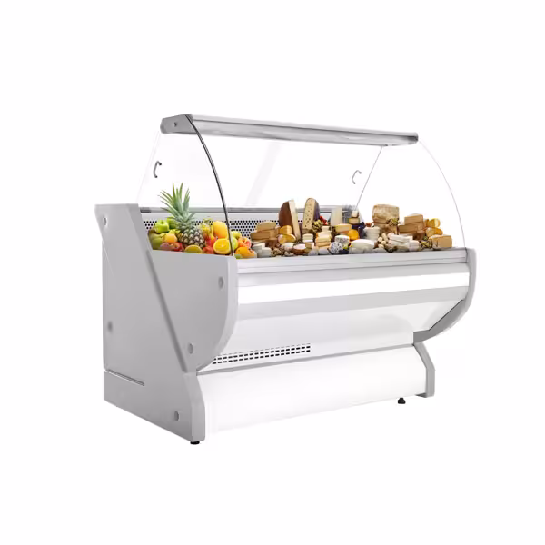 Banco gastronomia professionale / Banco Macelleria - 1525x1150mm - Statica - 300 L - Vetro curvo - piano di lavoro in granito - servizio assistito - Colore Bianco
