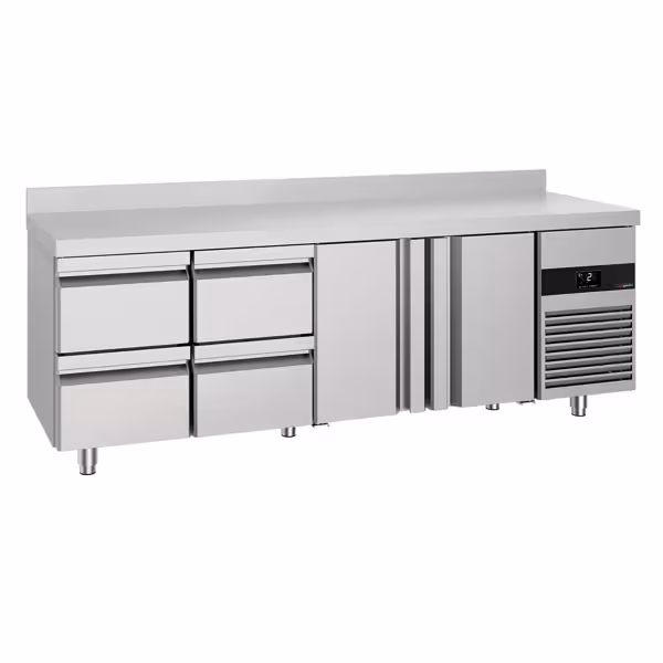 Mostrador refrigerado PREMIUM - 2330x700mm - de trabajo con alzatina - 2 puertas y 4 cajones - GN 1/1 - refrigeración ventilada
