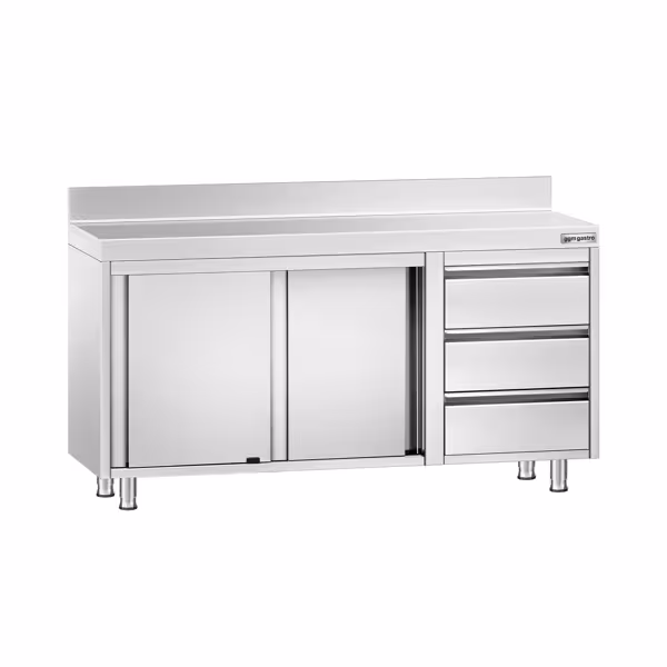Mesa de trabalho PREMIUM - em Aço Inoxidável - 1,4 m - com 3 gavetas á direita e rebordo posterior