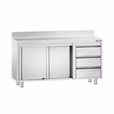 Table armoire en acier inoxydable PREMIUM - 1400x700mm - avec portes coulissantes et 3 tiroirs à droite - avec dosseret