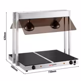 Plaque de maintien en température en acier inoxydable avec surface en verre trempé - 730mm - 1,07kW - avec pont chauffant infrarouge - 2 lampes chauffantes infrarouges - avec pare-haleine en verre