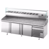 Commercial Pizza Prep Counter - Granite Top PREMIUM PLUS - 2305x800mm - with 3 doors & 1 drawers - incl. refrigerated topping unit with glass sneeze guard - 11x GN 1/4