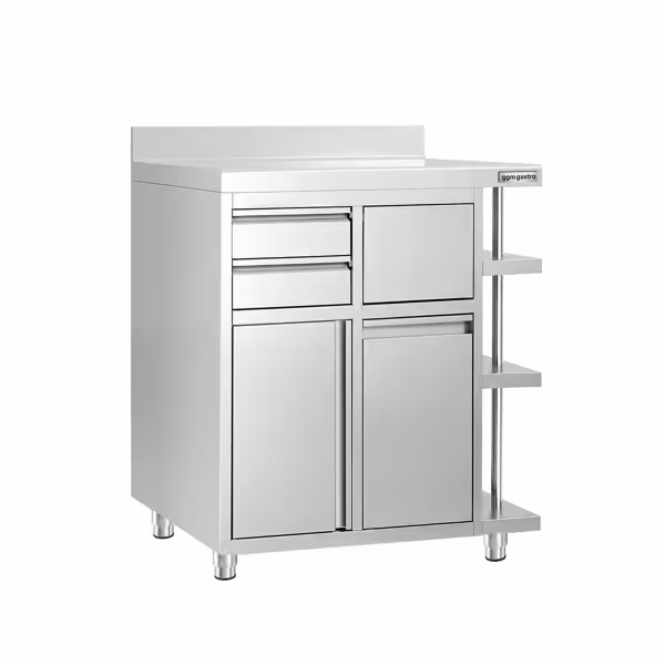 Work cabinet – for coffee machine – 1000 x 600 mm – with 1 hinged door, 2 drawers, waste bin, 3 shelves & upstand