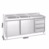 Commercial Sink Cabinet PREMIUM - 1800x700mm - with 2 bowls left-hand - 3 drawers