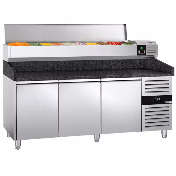 Commercial Pizza Prep Counter - Granite Top PREMIUM - 2025x800mm - with 3 doors - incl. refrigerated topping unit - 9x GN 1/3