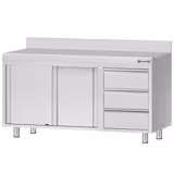 Table armoire en acier inoxydable ECO - 1400x600mm - avec 3 tiroirs à droite et portes coulissantes - avec dosseret