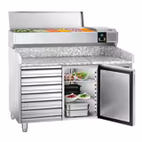 Table réfrigérée à pizza PREMIUM - 1500 x 800 mm - avec 1 porte et 7 tiroirs - incl. vitrine réfrigérée - 7 x GN 1/4