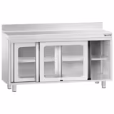 Mesa armario inox PREMIUM - 1400x600mm - con puerta corredera de cristal y soporte superior