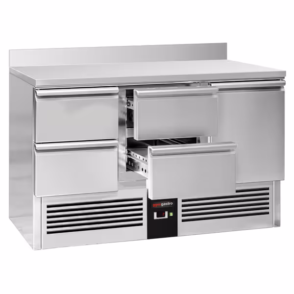 Saladette / Pizzakühltisch PREMIUM - 1,37 x 0,7 m - mit 1 Tür, 4 Schubladen & Aufkantung