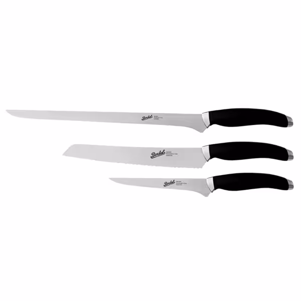 (3 pieces) BERKEL | Teknica Professional Knife Set – Black Resin Handles – Ham, Bread & Boning – 3 mm Steel Blades
