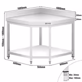 Mesa de canto (90º) em aço inox PROFISSIONAL PREMIUM - 1000x600mm - com prateleira inferior & rebordo traseiro & prateleira intermédia & travessas de reforço