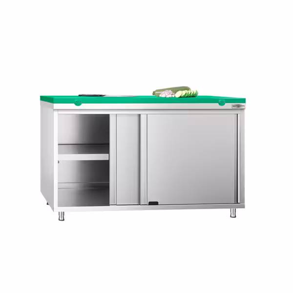 Edelstahl Arbeitsschrank PREMIUM - 1400x600mm - mit Schiebetür - inkl. Schneideplatte Grün